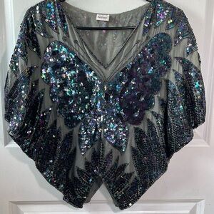 True VINTAGE 70s purple iridescent sequins charcoal grey silk BUTTERFLY top S M